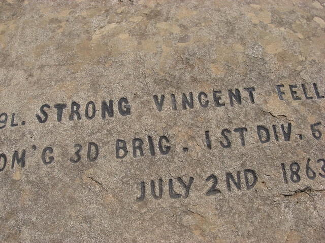Rock marked as the spot where Strong Vincent fell.  Rock is on west end of Little Round Top.