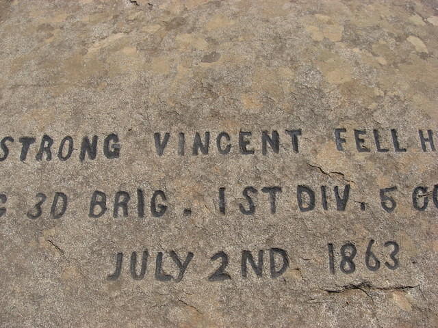 Rock marked as the spot where Strong Vincent fell.  Rock is on west end of Little Round Top.
