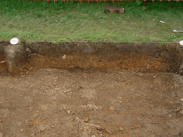 Layer one (top soil fill), Layer two (clay fill from basement) - down to layer three original land surface