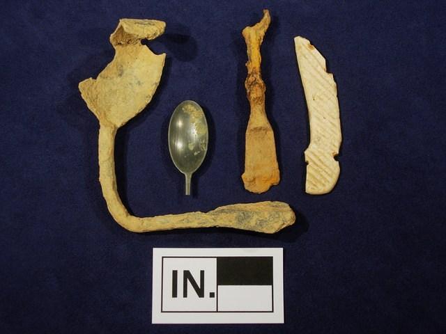 Spoons, fork and bone knife handle