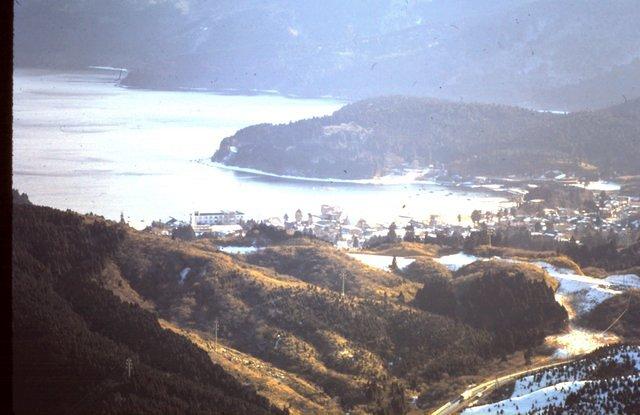 Town at the end of the lake near Mt. Fuji