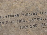 Rock marked as the spot where Strong Vincent fell.  Rock is on west end of Little Round Top.