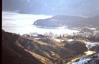 Town at the end of the lake near Mt. Fuji